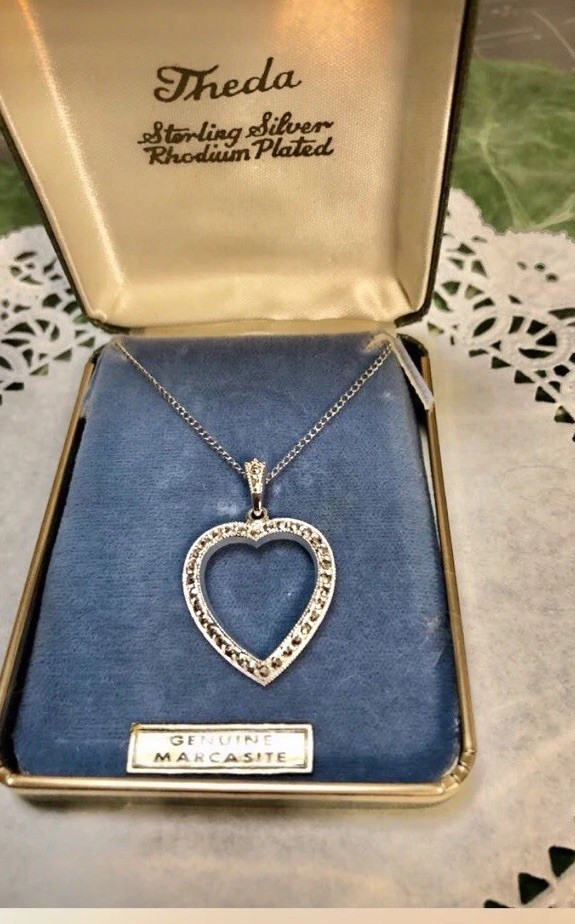 THEDA 925 Sterling Silver Heart Pendant Marcasite Gemstone In Original Box
