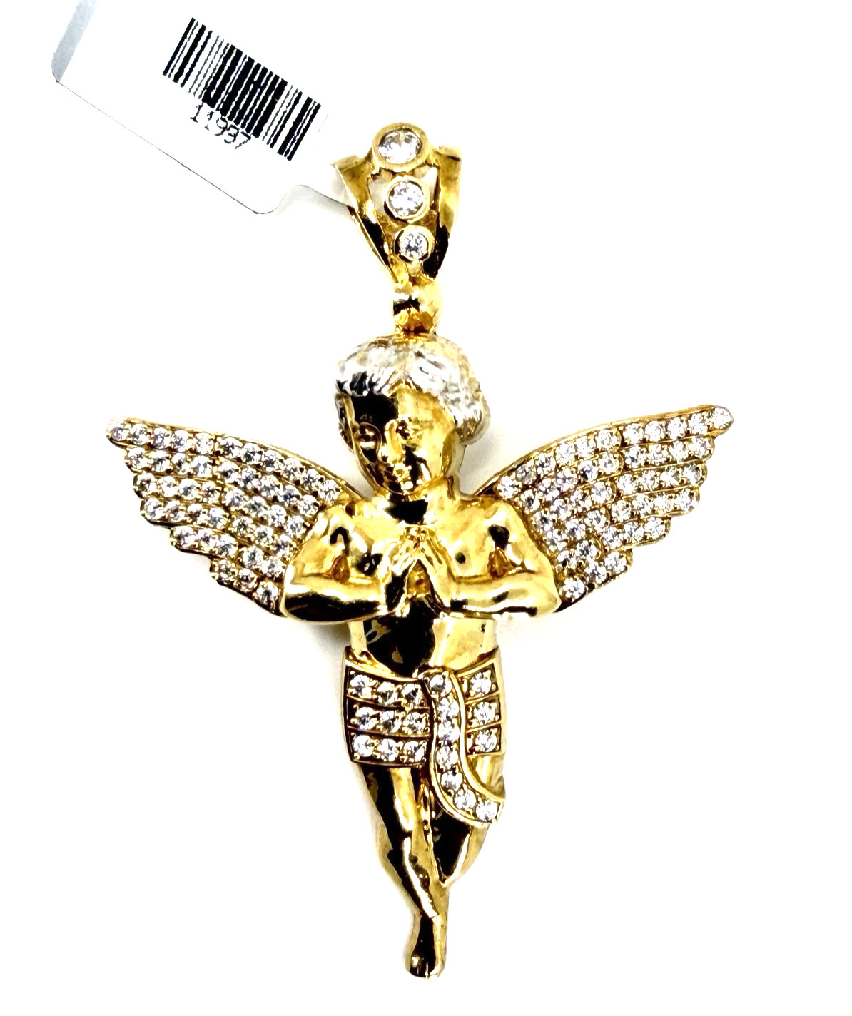 10K Solid Yellow Gold Iced Guardian Praying Angel Pendant CZ Italy