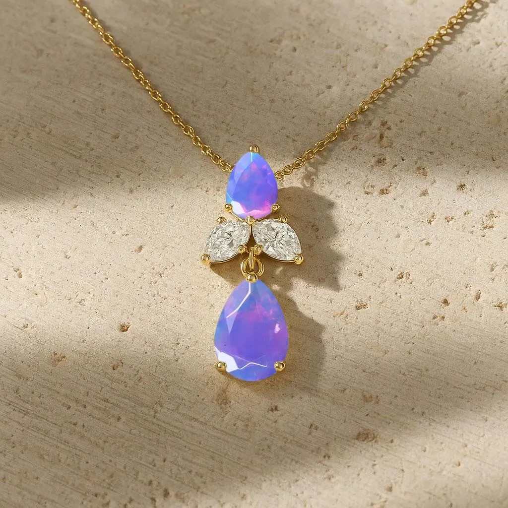 Fire Lavender Opal Gemstone Unique Charm Pendant, Opal Gemstone Chain Pendant