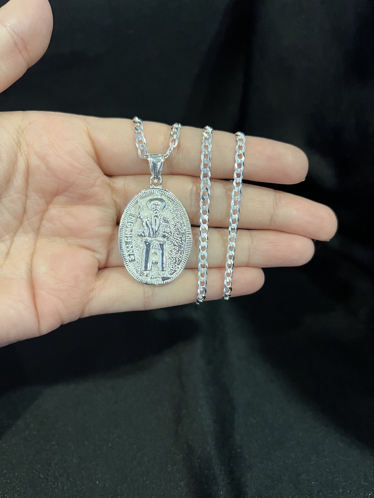 925 Sterling Silver Men Women SAN SIMON FOLK SAINT Pendant & Curb Chain 20 26 30
