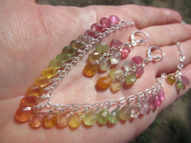Sri Lanka RAINBOW SAPPHIRE faceted briolette beads Sterling Silver Necklace set