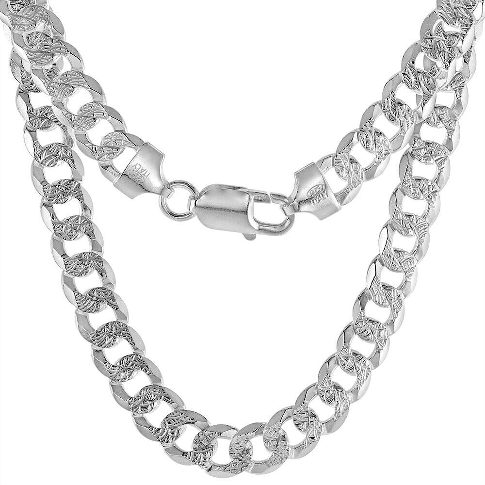 925 Sterling Silver Pave Diamond Cut Beveled Flat Curb Cuban Link Chain 8mm