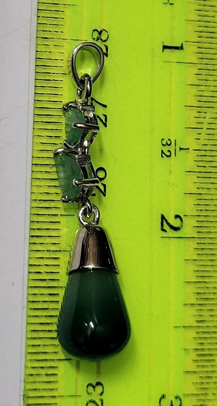 Green Agate & Emerald Dangle 925 Sterling Silver Necklace Jewelry Pendant 1171