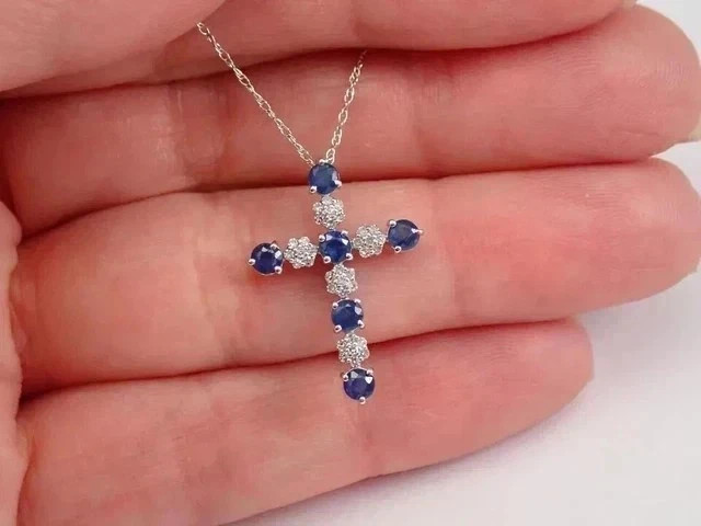 1.10Ct Round Cut Lab Created Sapphire Cross Womens Pendant 14K White Gold Plated