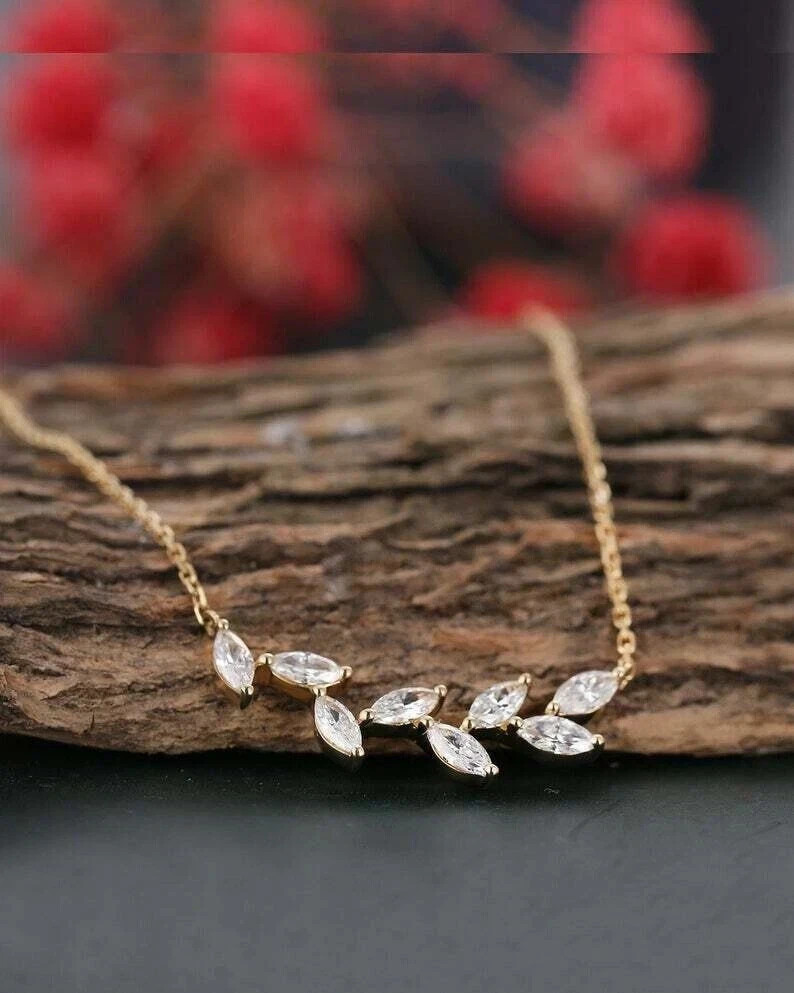 1Ct Lab Created Diamond Marquise Leaf Pendant 14K Rose Gold Silver Plated Chain