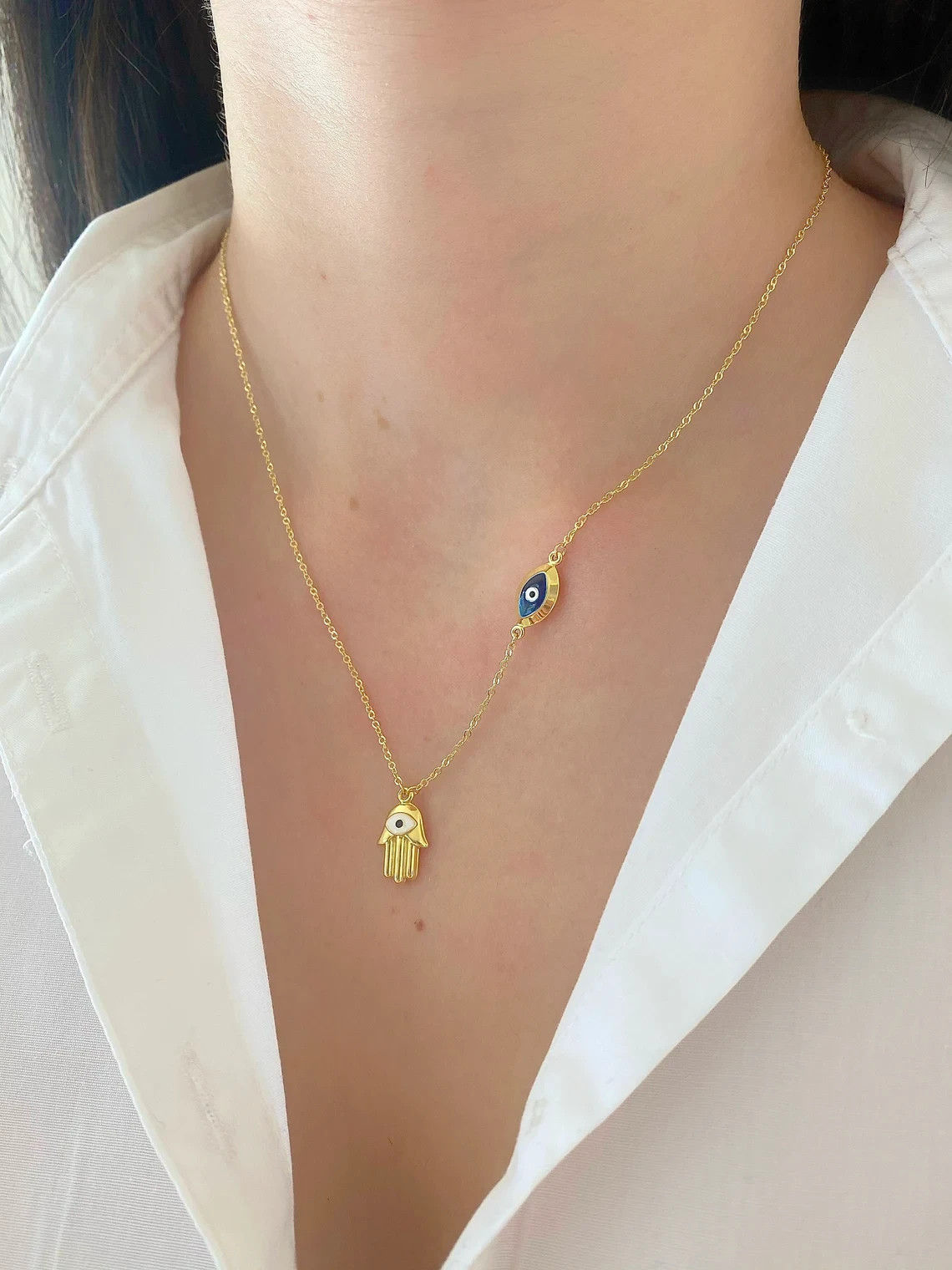 GOLD – 14K Yellow Gold Hamsa + Evil Eye Necklace – 17+1″