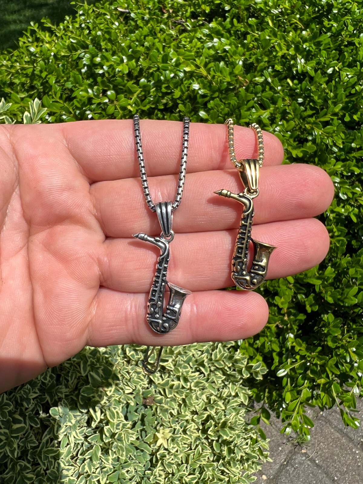Real 925 Silver / 14k Gold Plated Jazz Saxophone Musical Pendant Necklace Charm