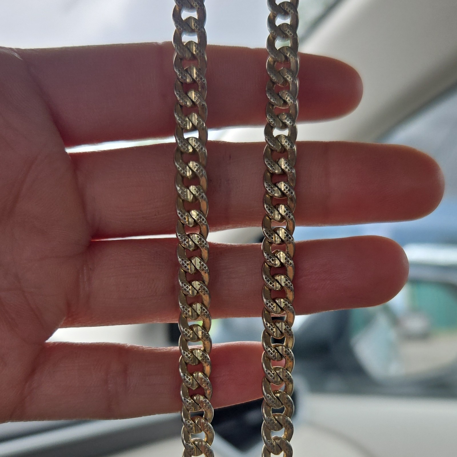 18K Yellow Gold Cuban Link Chain Necklace Engraved Rectangle Bar Pendant