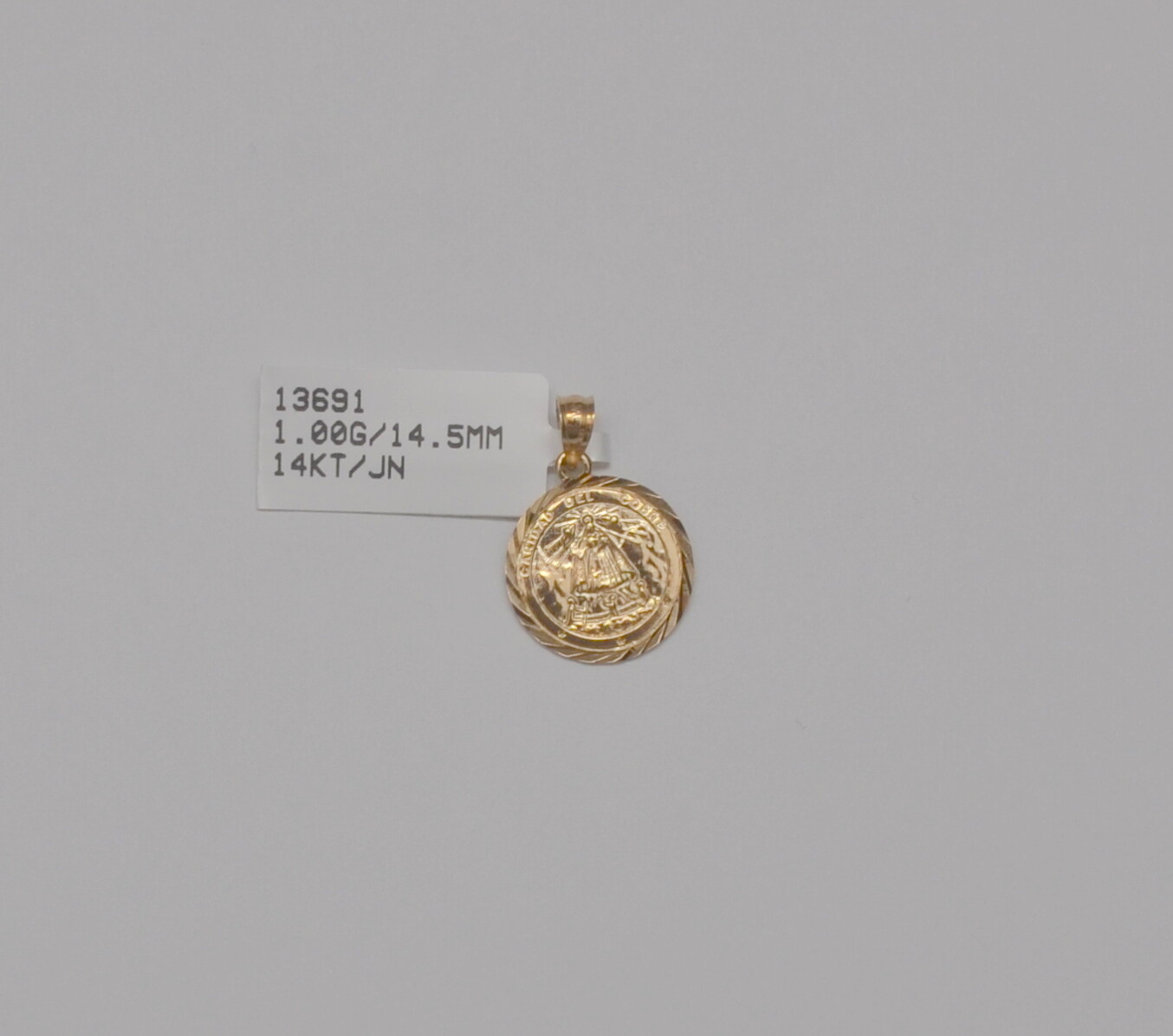 14k Yellow Gold Caridad Del Cobre Words On Round Charm Pendant 14.5 mm 1.2 gr Q1