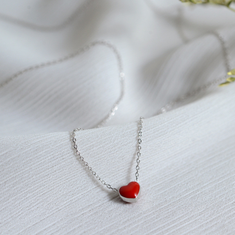 Woman Real S925 Sterling Silver Enamel Heart Cute Charm Pendant Necklace Chain