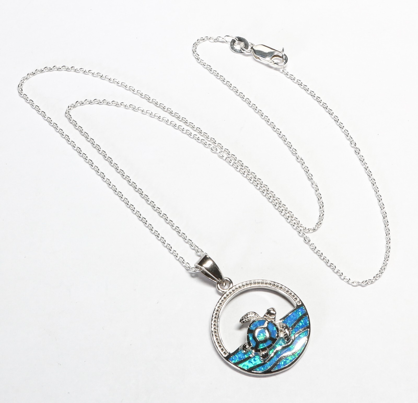 Sterling 26mm Polished Blue Inlay Created Opal Turtle Pendant w/ 18″ SS Chain