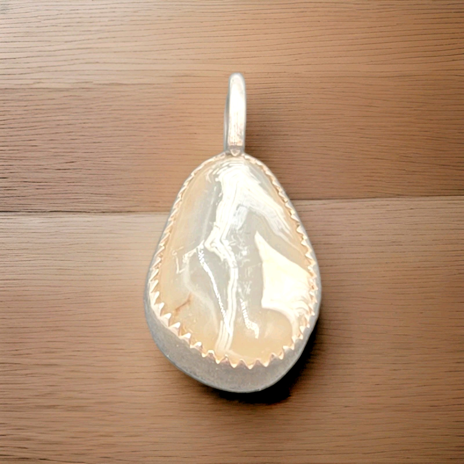 Sterling Silver .925 Opaque/White Polished Stone Sawtooth Bezel Set Pendant
