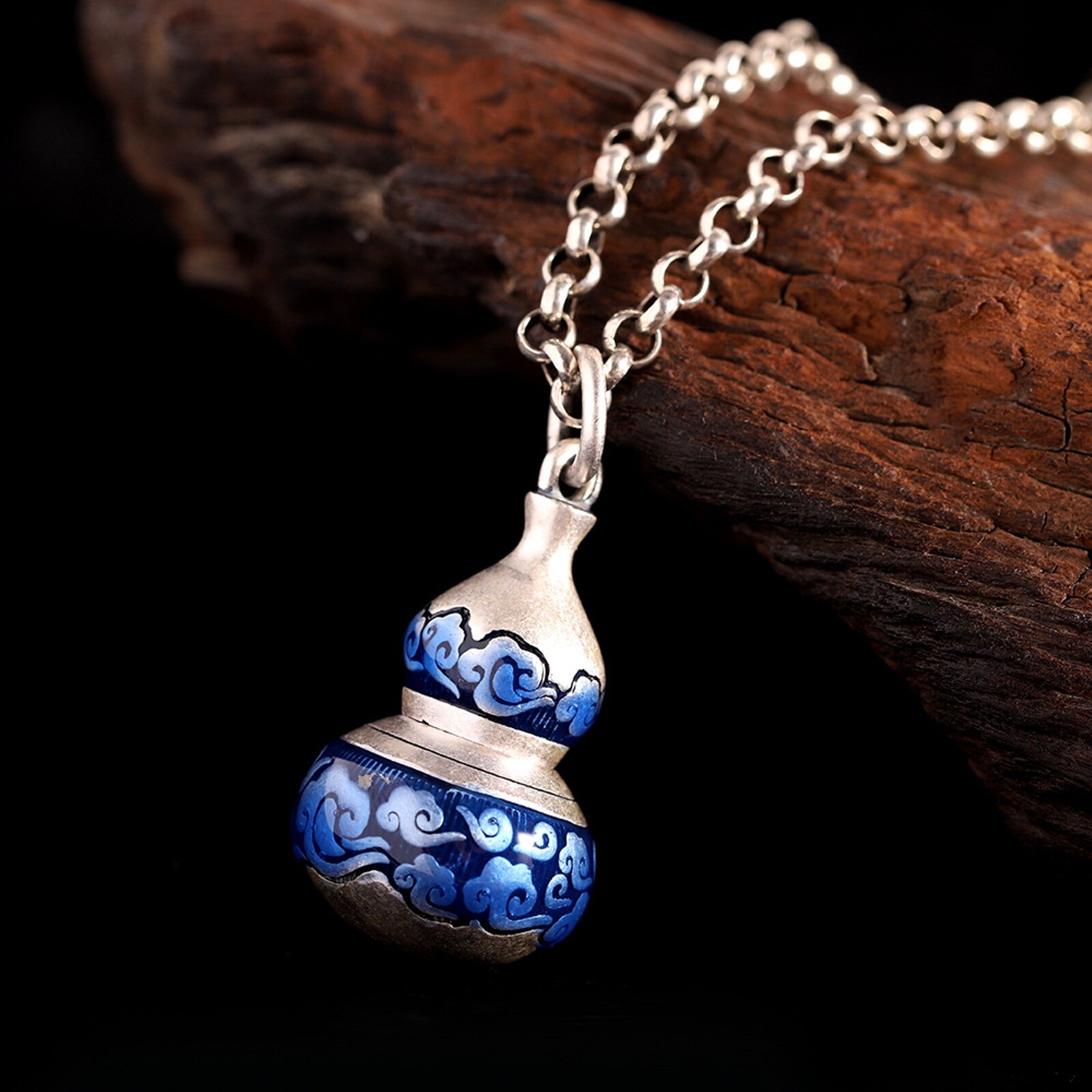 Pure S925 Sterling Silver Men Women Lucky Blue Enamel Gourd Box Pendant 15.5g