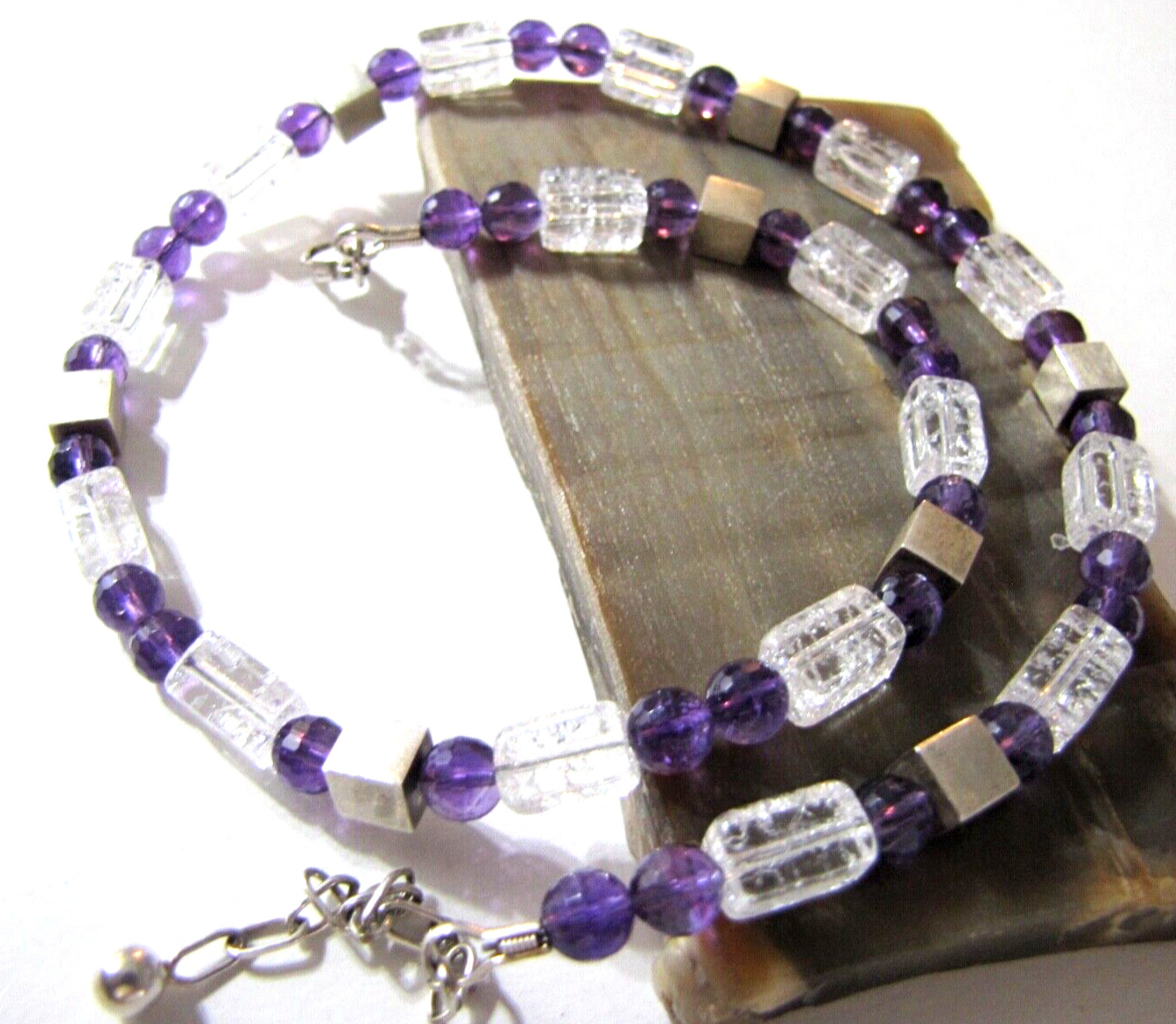 Modernist Sterling Silver Quartz Crystal Amethyst Necklace Geometric 20″