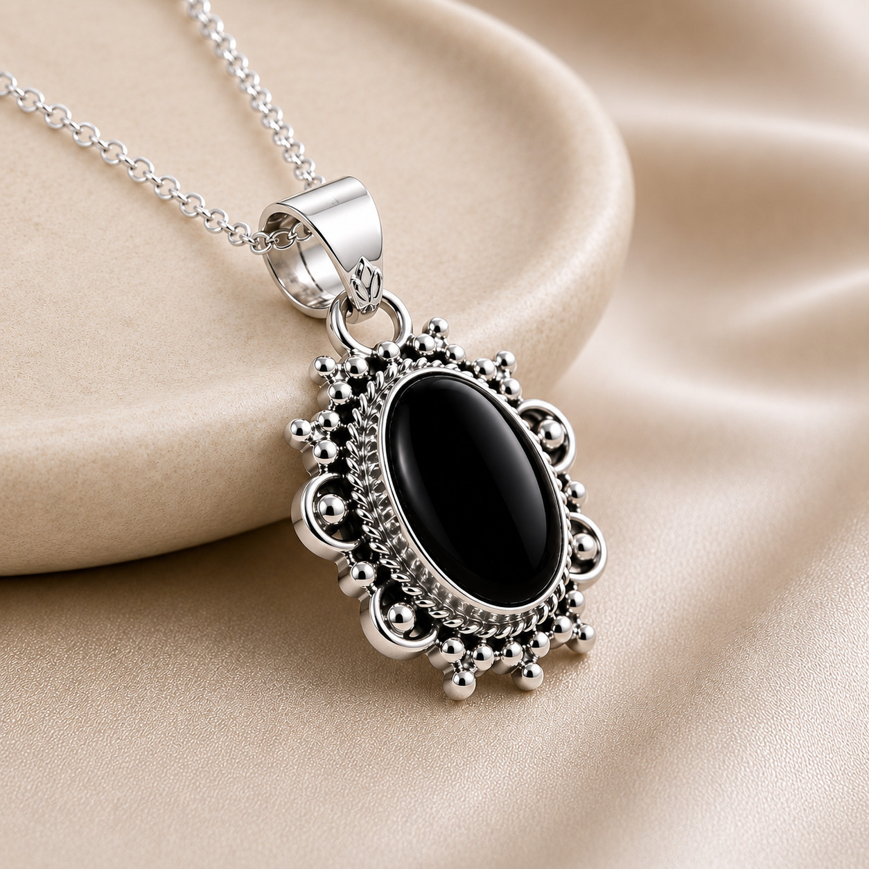 925 Sterling Silver Black Onyx Oval Pendant Necklace Vintage Handmade Women