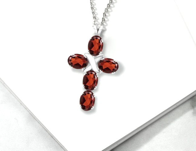 Without Chain 925 Sterling Silver 2.70 Carats Oval Red Garnet Cross Pendant