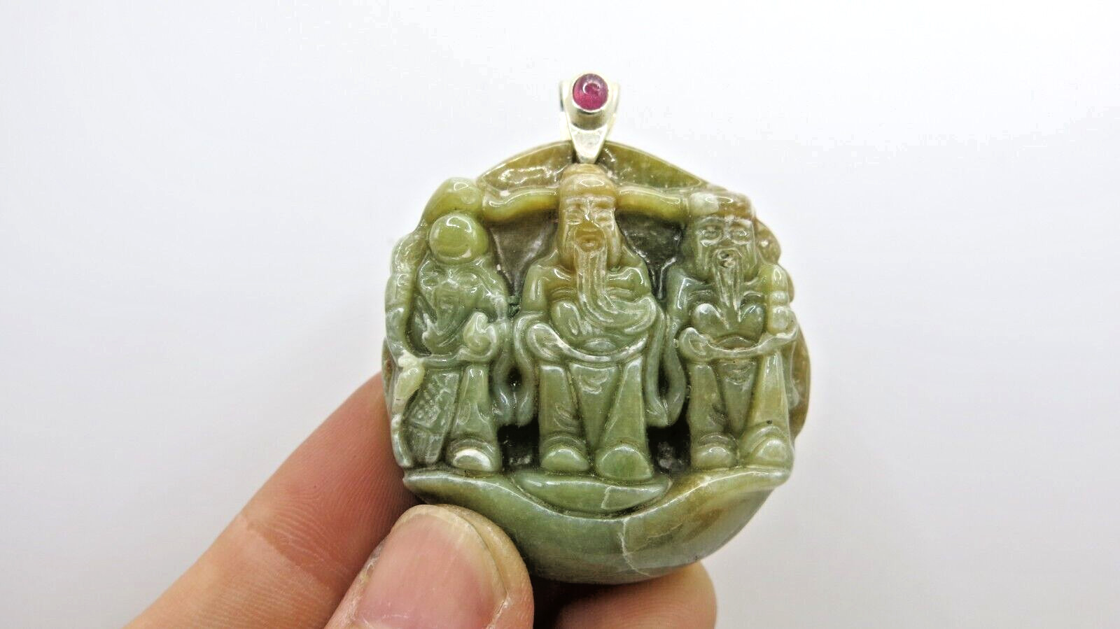 Natural Jade Pendant Carved Fu Lu Shou Three Auspicious Chinese Gods Feng Shui