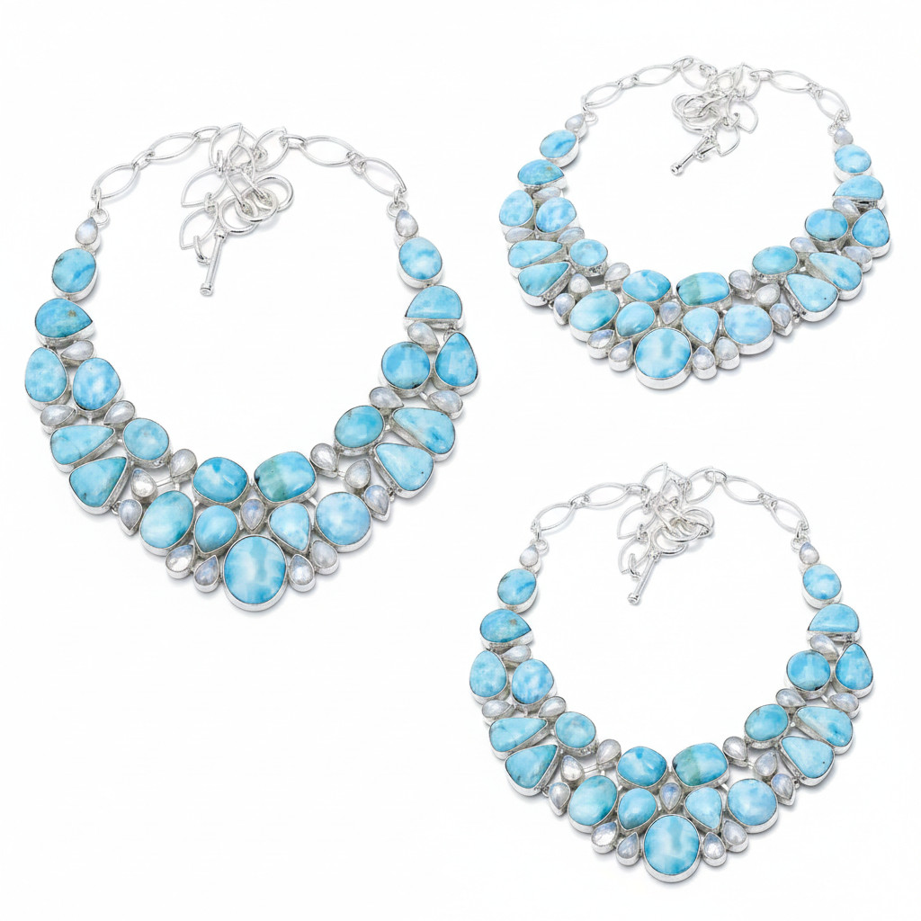 Natural Larimar Moonstone Necklace 925 Sterling Silver Artisan Jewelry S-18″