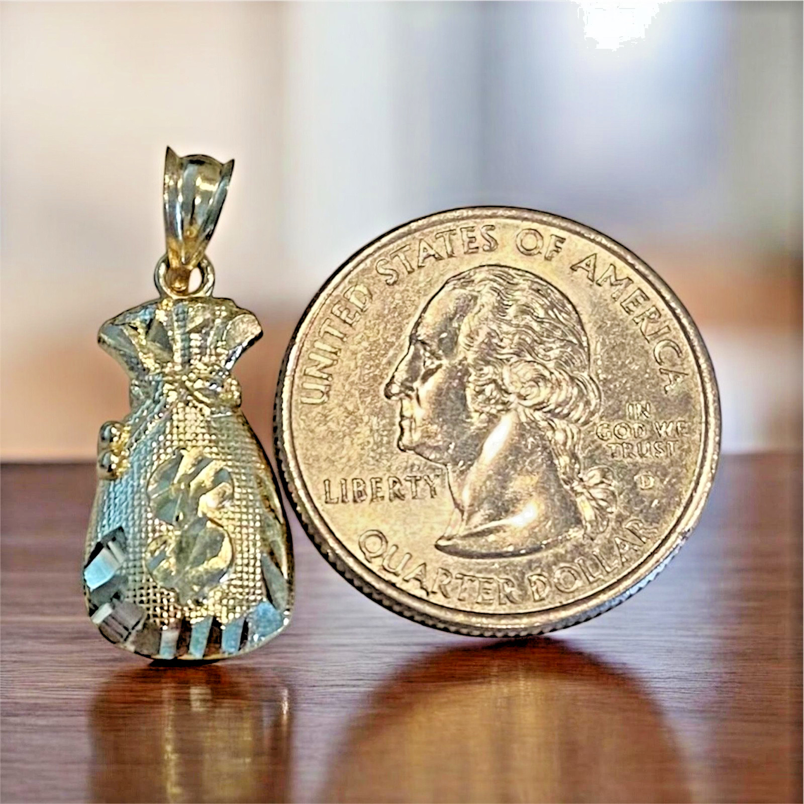 10K Solid Gold Money Bag Pendant – 1″ 10K Real Gold Charm, Dollar Charm-G15