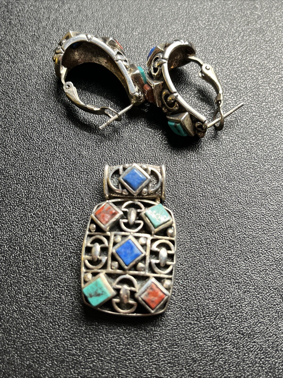 Thailand Sterling Silver Multi‑Stone Inlay Pendant Earrings Set Artisan Jewelry