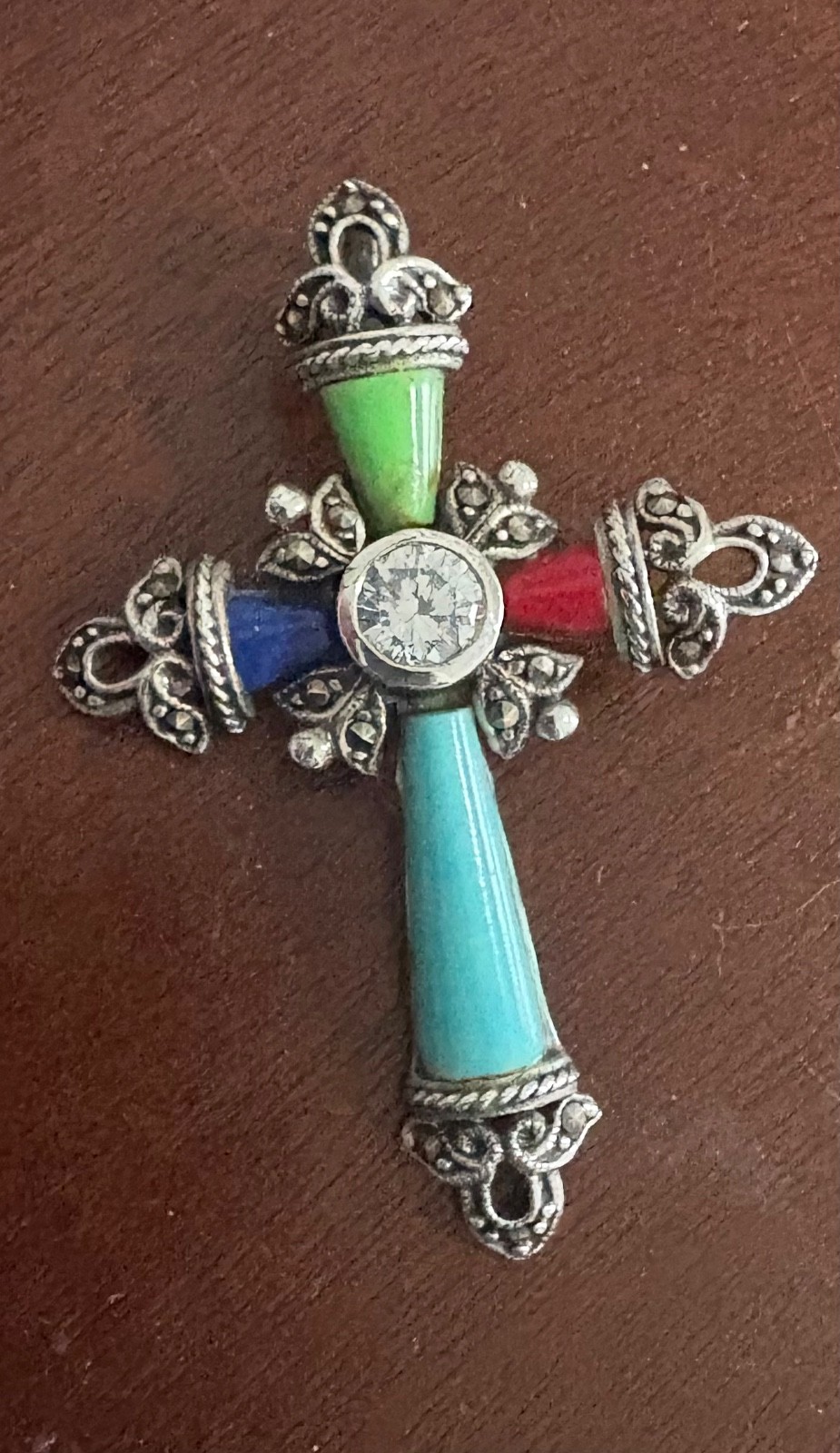925 Sterling Silver Cross Pendant Turquoise Coral Lapis 2″ 7.16 grams CZ Gemston