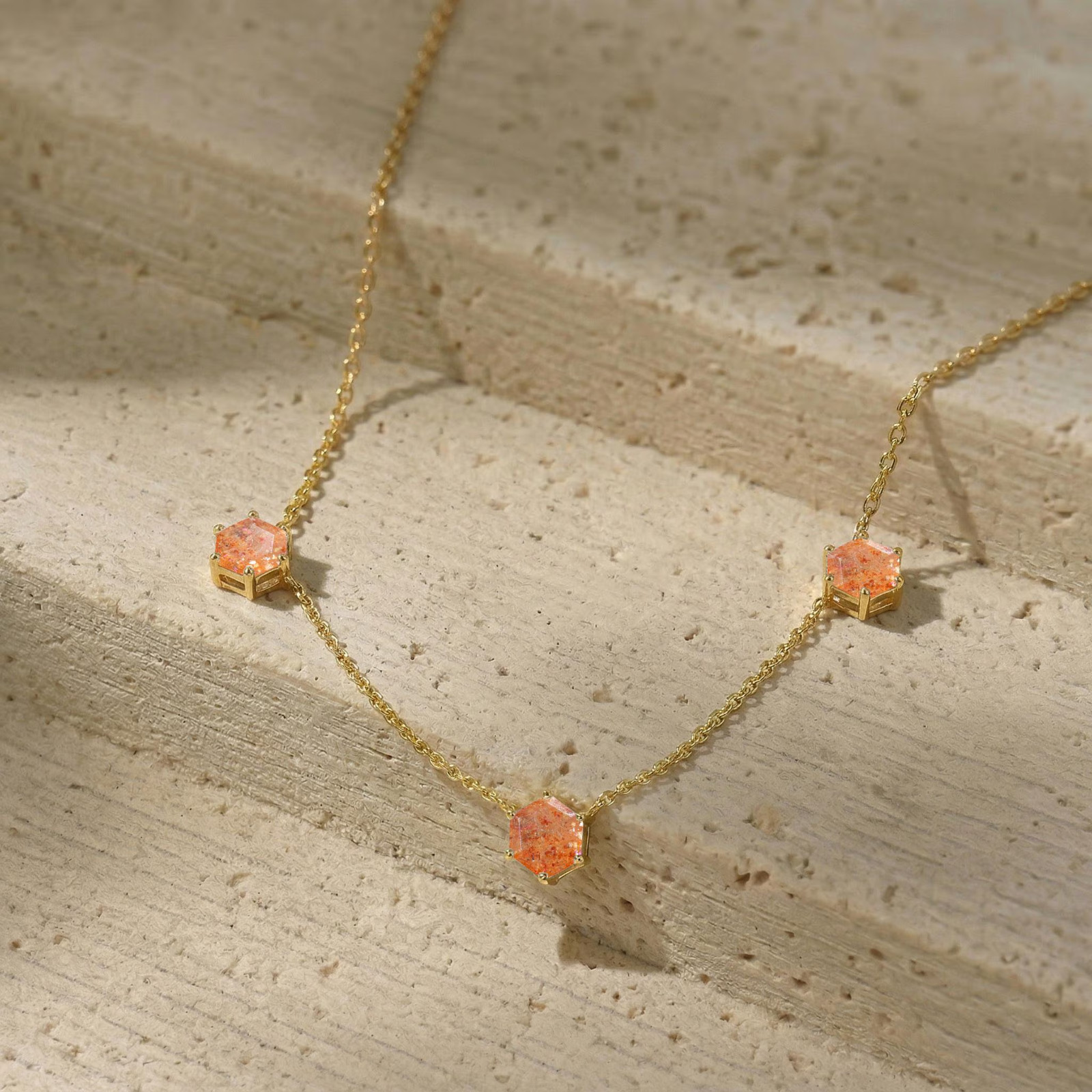 Sunstone Station Necklace, Warm Tone Gemstone Necklace, Hexagon Sunstone Jewelry
