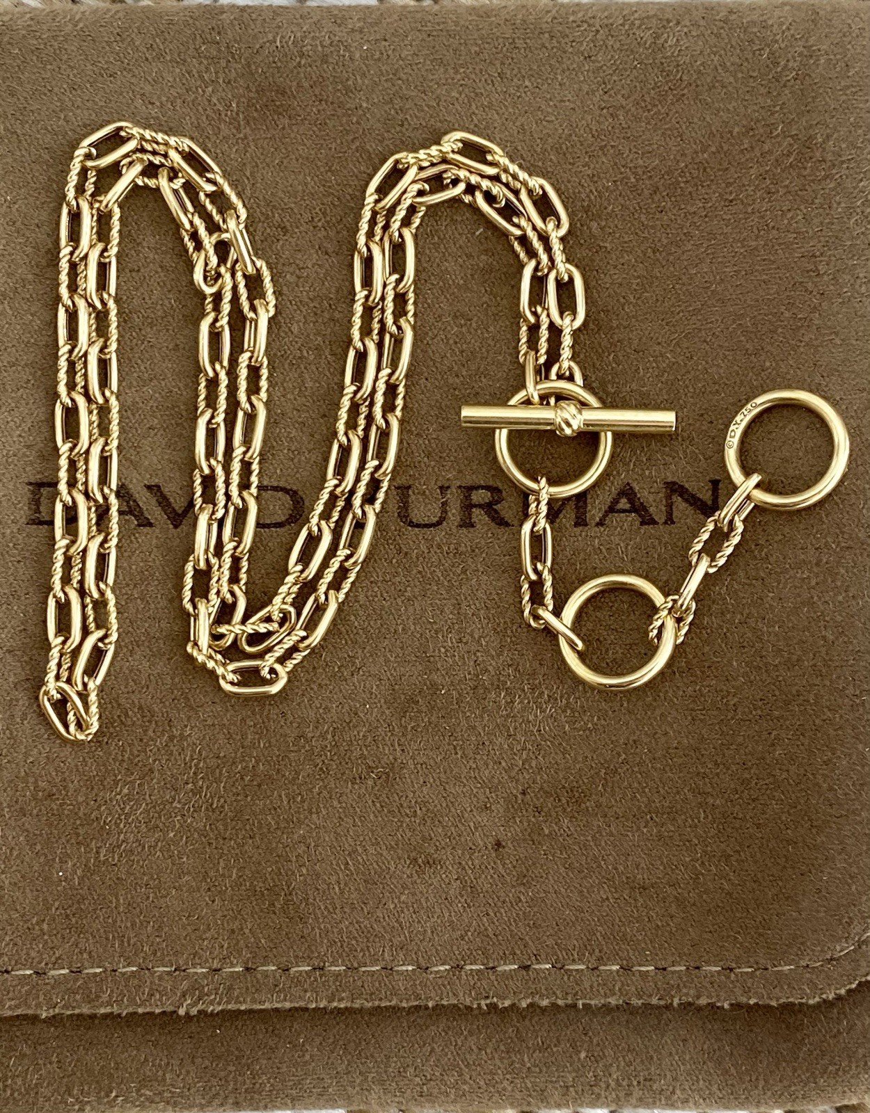 David Yurman 18K Gold Madison Necklace 3mm 17” Toggle 3 Ring Amulet Holder $4400