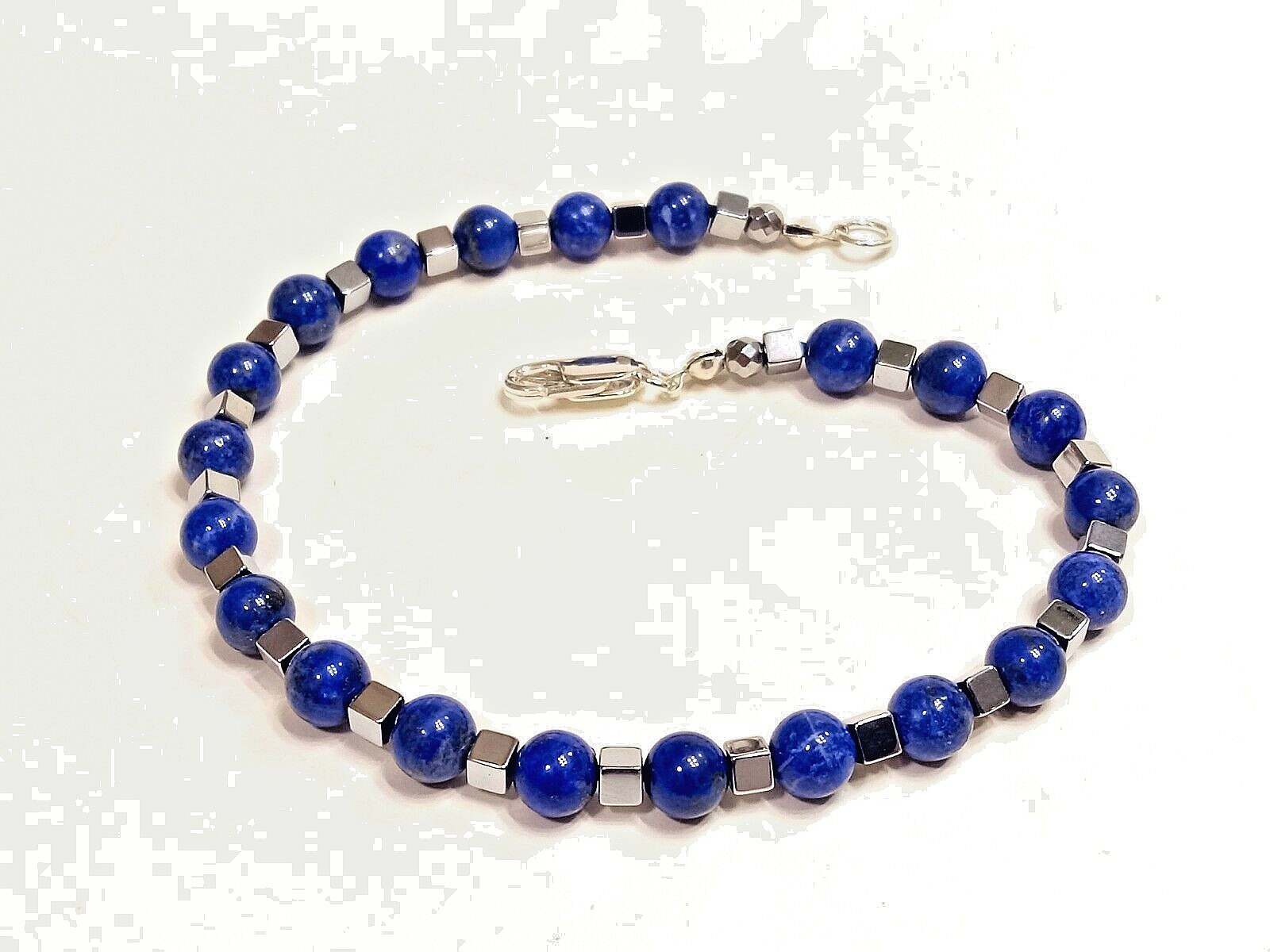 9″ MEN’S LAPIS BRACELET. Large Easy-to-Use Sterling Silver Lobster Claw Clasp.