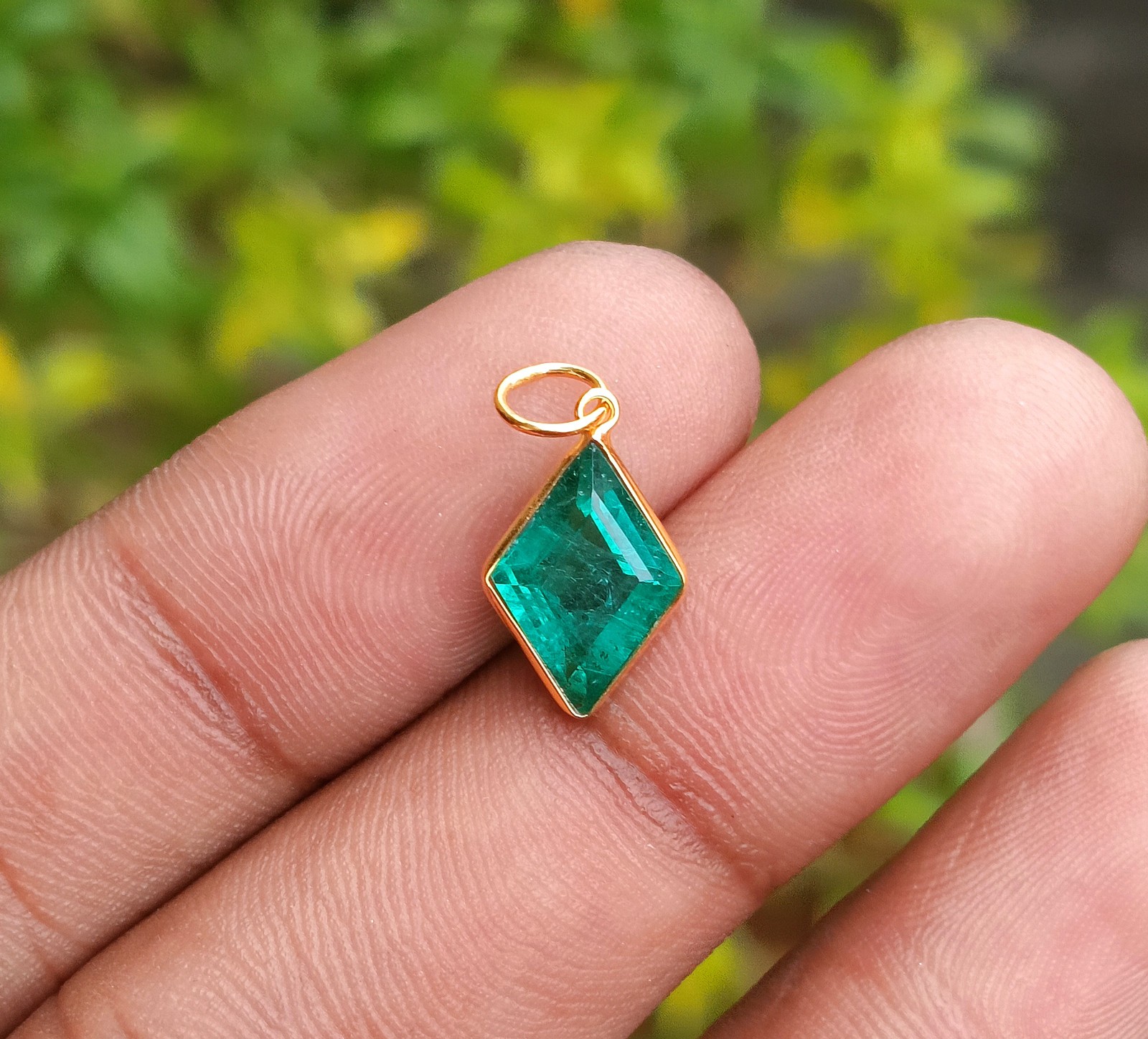 Emerald Gold Pendant, 18k Solid Gold Charm Handmade Necklace Gemstone Pendant
