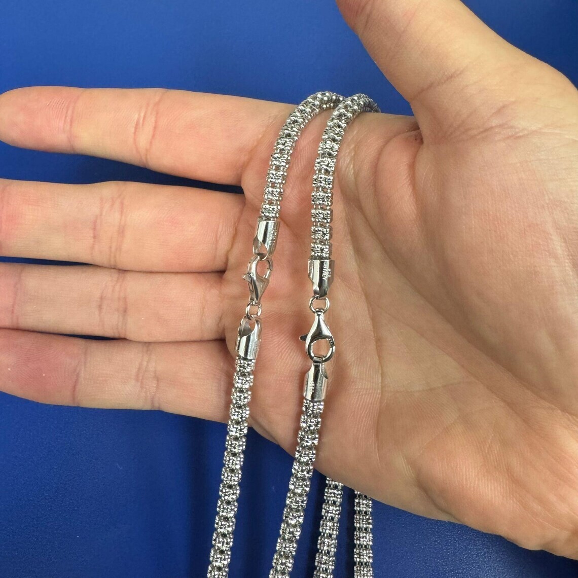 4mm Rhodium Diamond-Cut Ice Link Chain Sterling Silver 925 Italy All Sizes