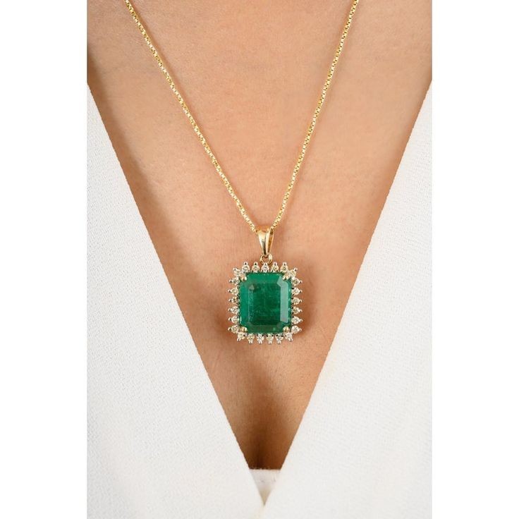 Best Seller ! Emerald Natural Green Emerald & Diamond Pendant 14k Yellow Gold