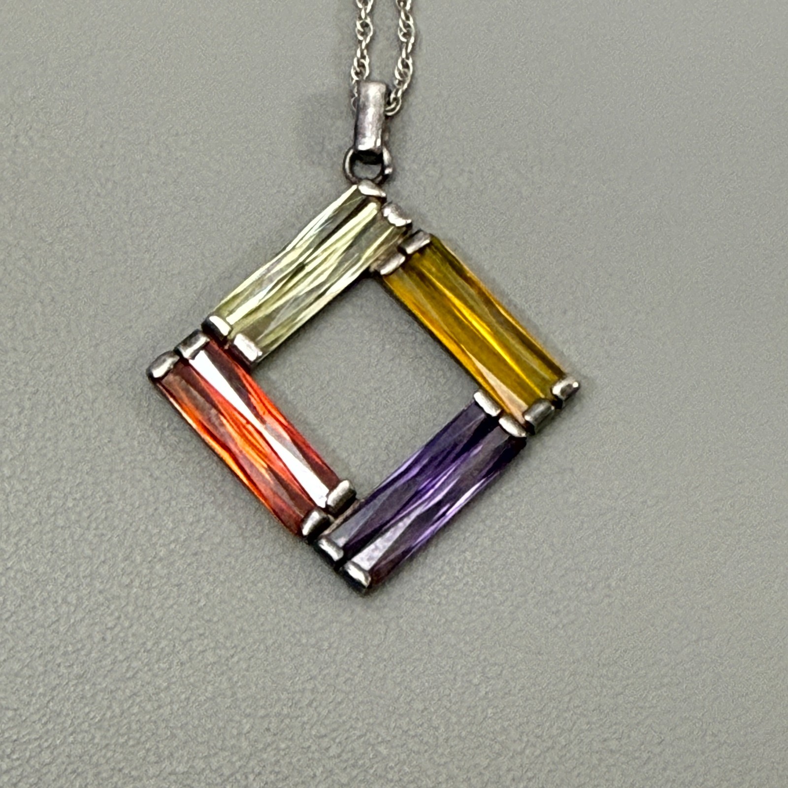 925 Sterling Silver Multicolor Baguette Pendant Italy Necklace 21″ 10 g