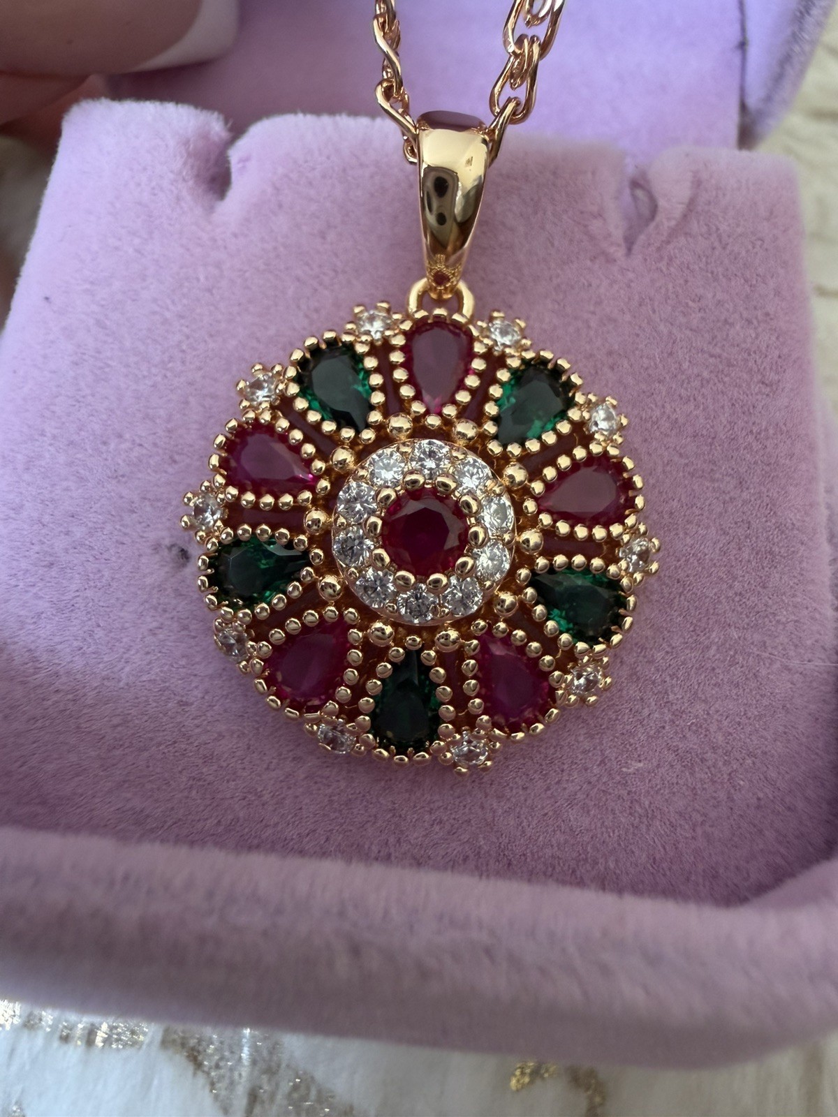 585 RG Hallmarked Rolled Rose Gold Necklace & Pendant zircon Vintage 50cm