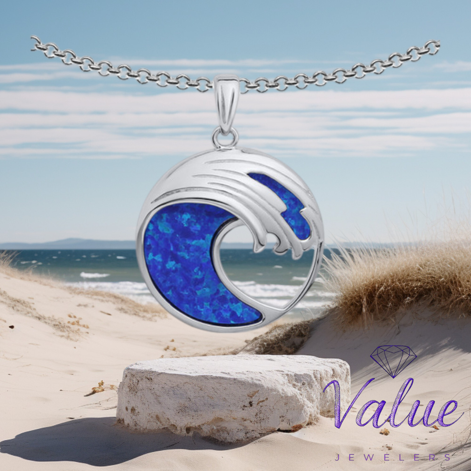 18″ .925 Sterling Silver Evening Tide ROUND WAVE OPAL INLAY Pendant Necklace