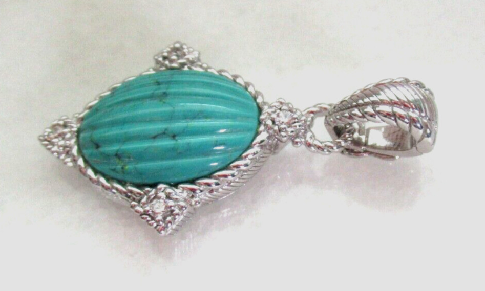 JUDITH RIPKA 925 SS CARVED TURQUOISE DIAMONIQUE CZ PENDANT ENHANCER GIFT BOX