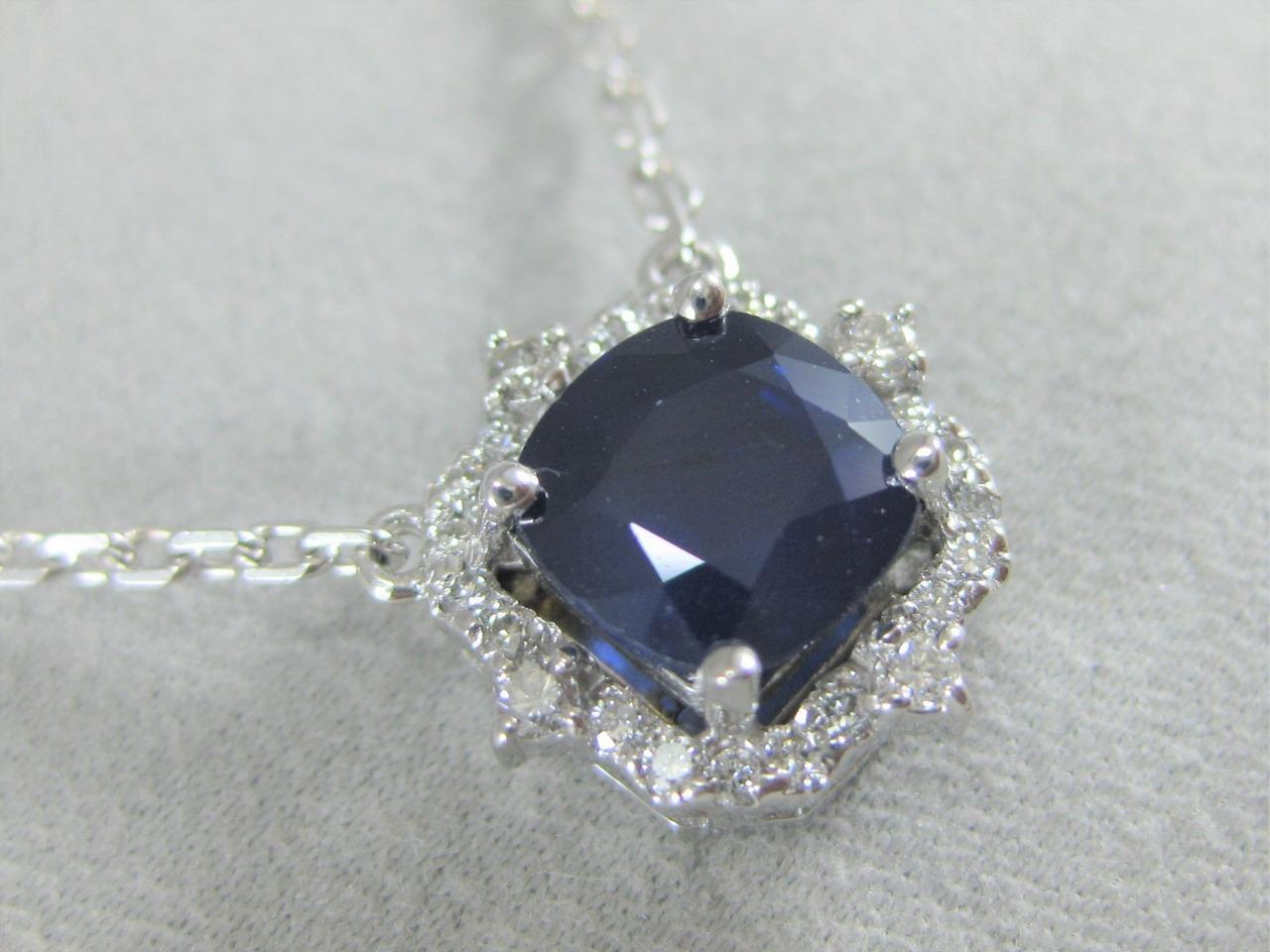 FANCY 2.06CTW DIAMOND SAPPHIRE 14K W GOLD CUSHION HALO CLUSTER NECKLACE #DM2823N