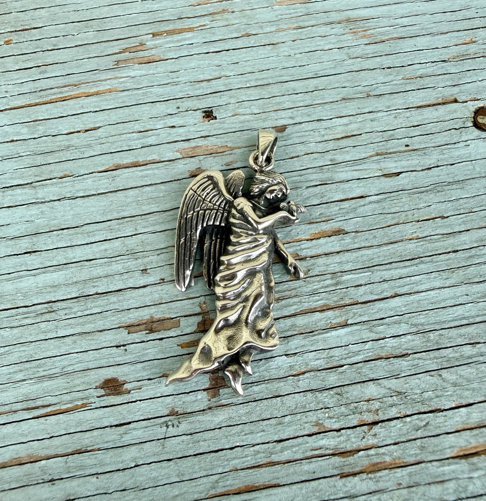 Heavy Sterling Silver 925 Guardian Angel Holding A Bird Pendant For Necklace 2”