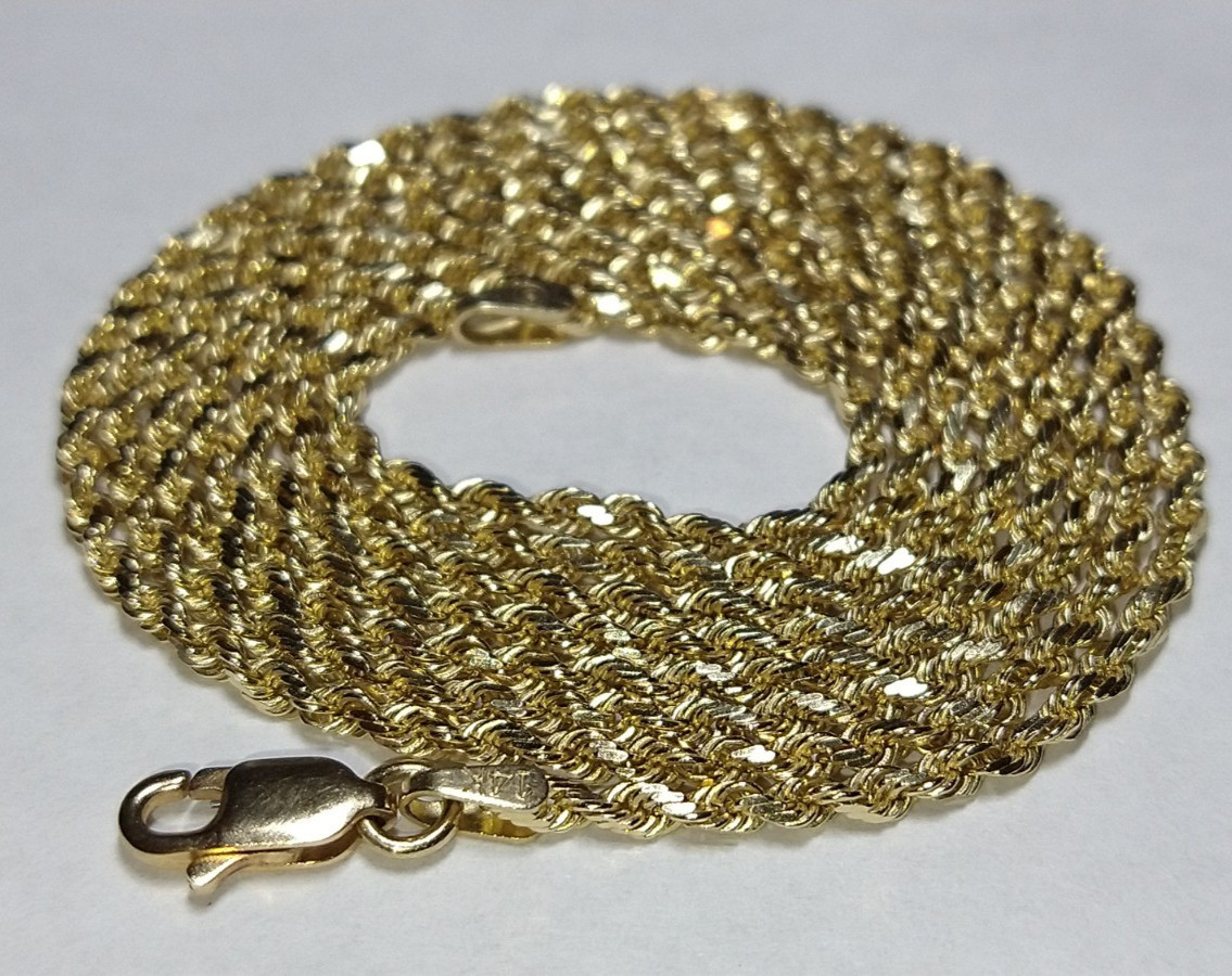 Solid 14k gold 2.15mm diamond-cut rope chain necklace 11.58 grams -30″ long