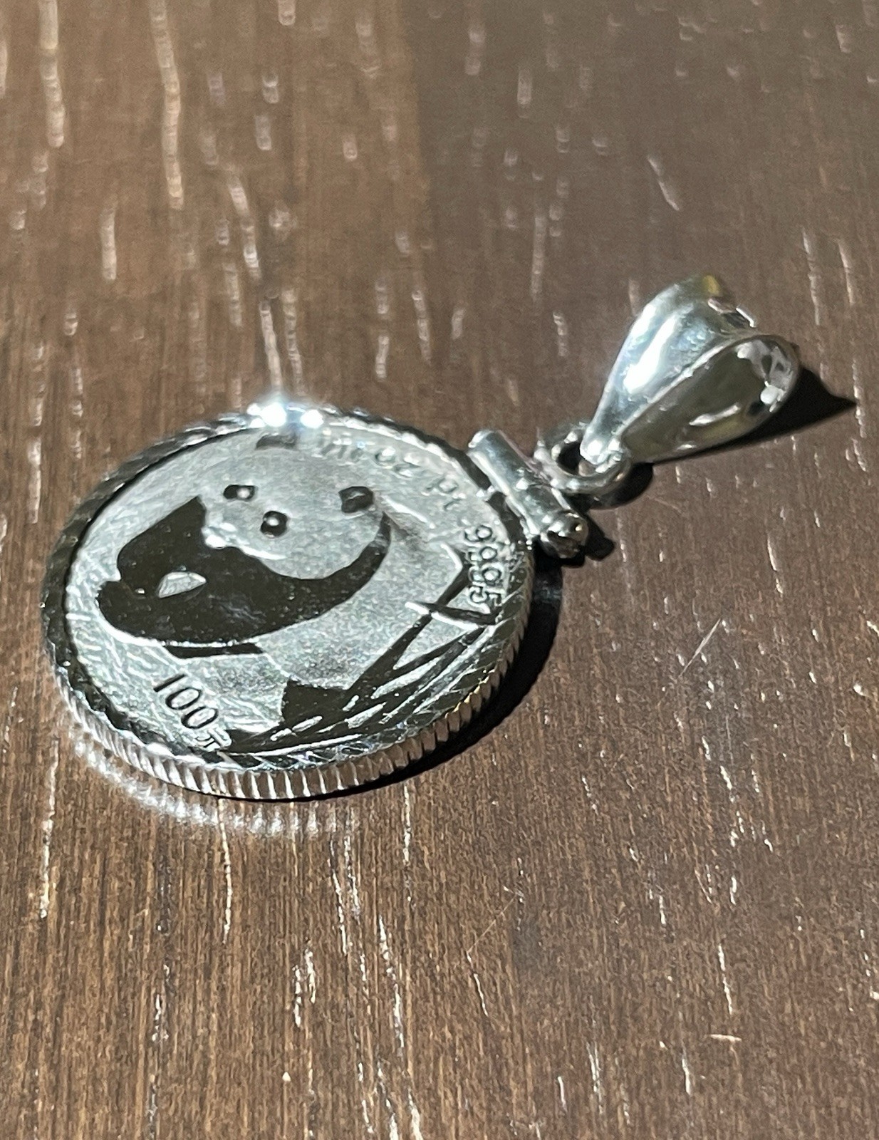 14K Solid White Gold Bezel Amulet with 1/10 Oz. Chinese Platinum Bullion Coin!