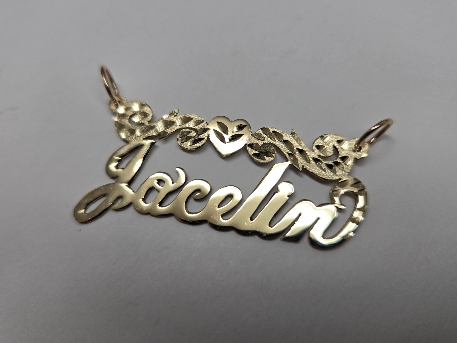 10K Solid Yellow Gold Personalized Cursive Name Pendant w/ Heart & Swirls D/C