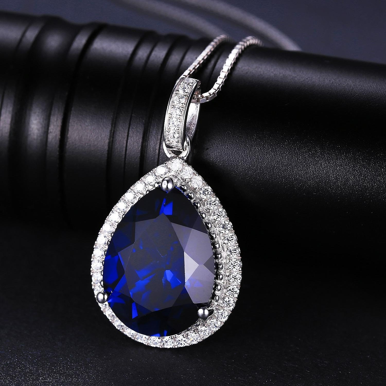 Huge Pear Cut 10.9ct Blue Sapphire Halo Pendant Necklace 14k White Gold