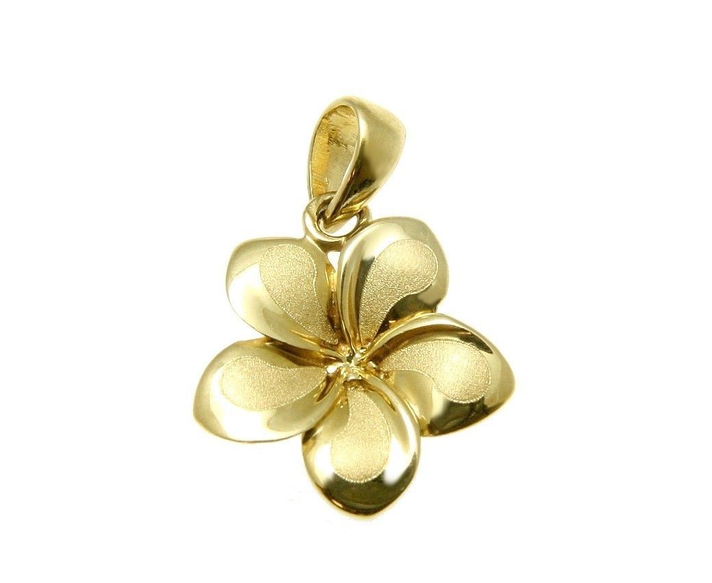 13MM SOLID 14K YELLOW GOLD HAWAIIAN FANCY PLUMERIA FLOWER PENDANT CHARM