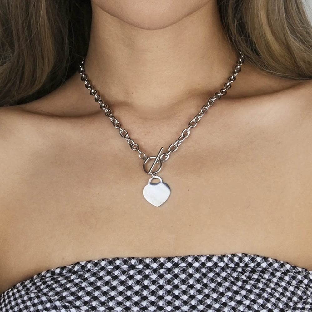 Heart Toggle Necklace Silver Stainless Steel Pendant Choker Charm Necklaces Cabl