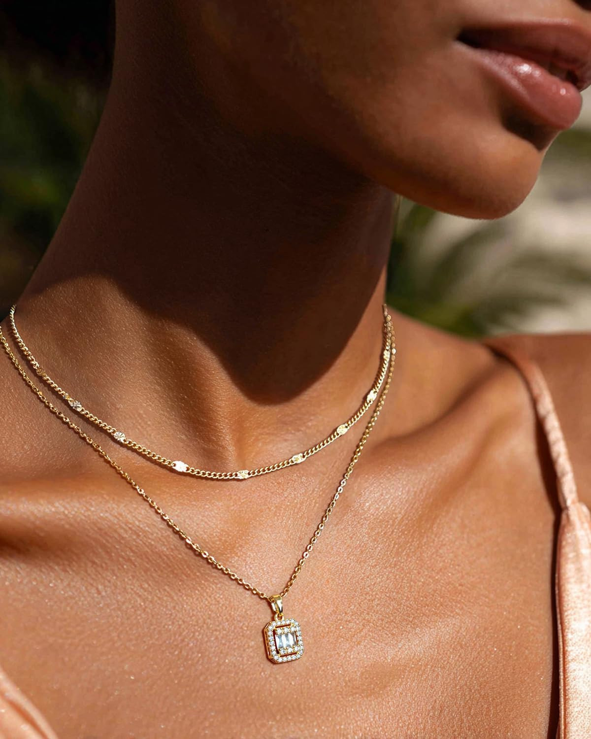 Dainty Pendant Gold Necklace for Women Layered 14K Diamond Pendant Gold Plated N