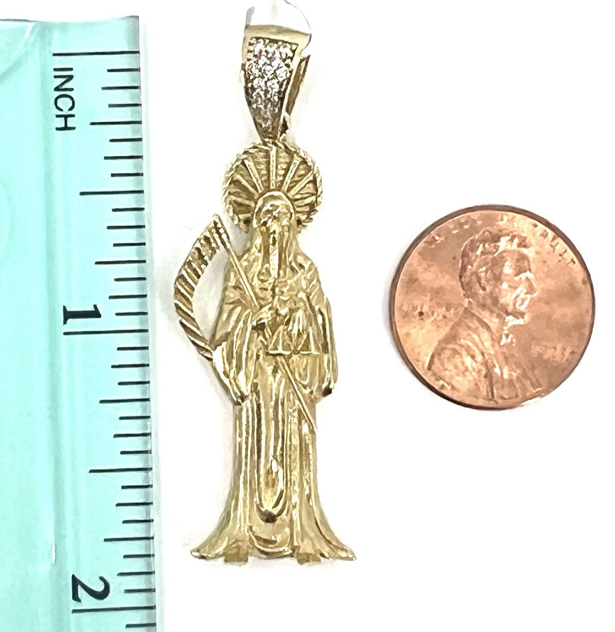 10K Yellow Gold Santa Muerte Pendant CZ Bail Grim Reaper Holy Death New OroAu