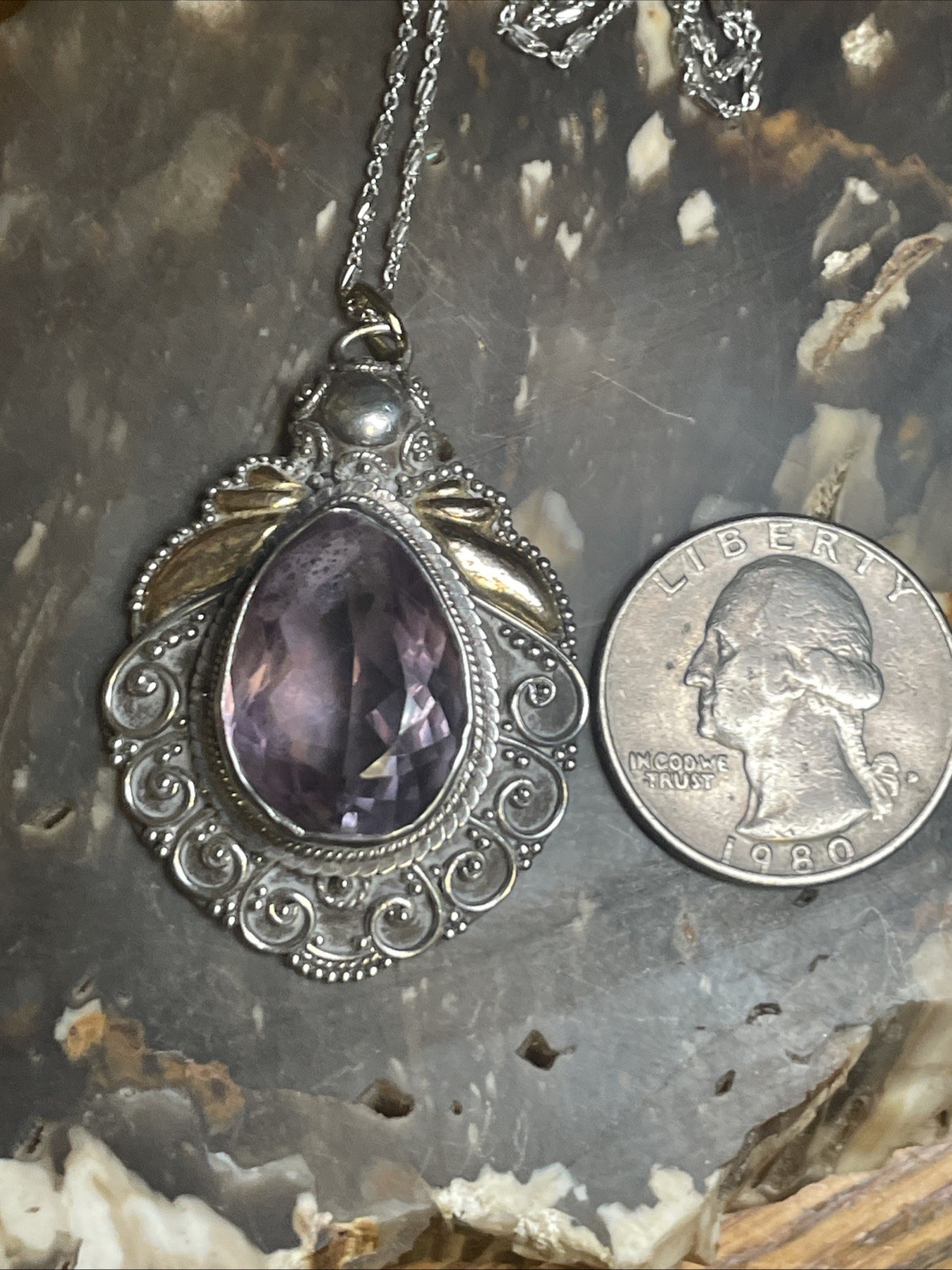 Faceted Amethyst And Sterling Silver Gold Accents Boho 23.5” Pendant Necklace