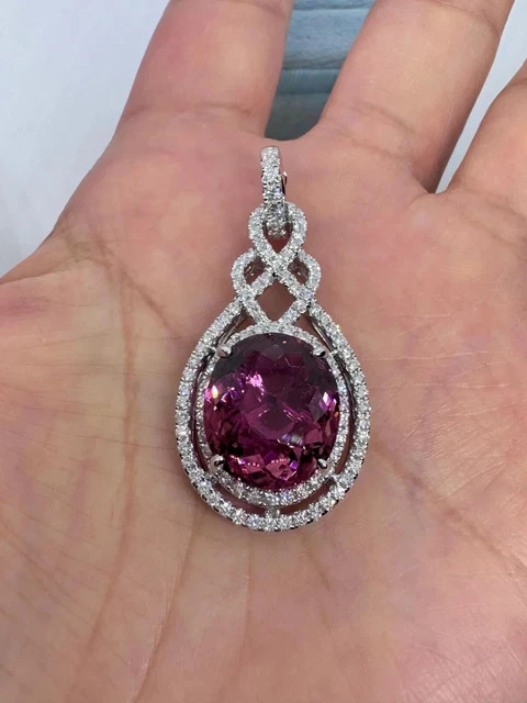 3.00Ct Oval Cut Lab Created Pink Tourmaline Halo Pendant 14K White Gold Plated
