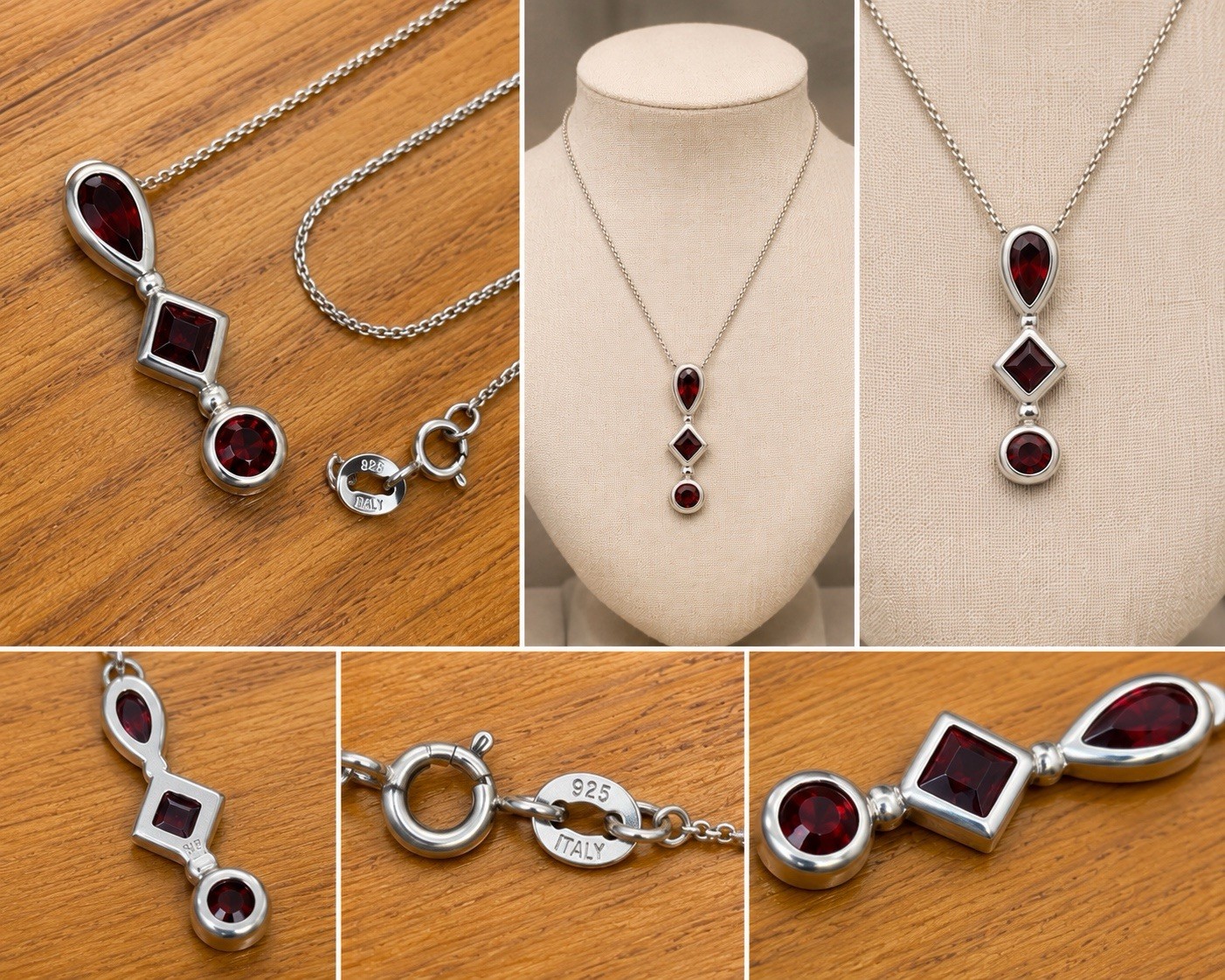 925 Sterling Silver Italy Red Garnet Pendant Necklace Geometric Vintage 18”