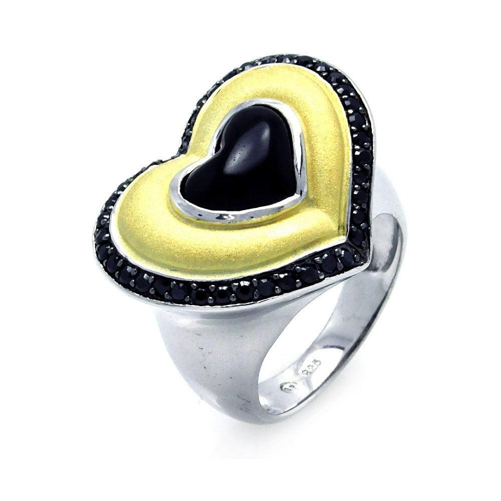 Silver 925 Rhodium Black Rhodium and Gold Plated 3 Toned Black CZ Heart Ring