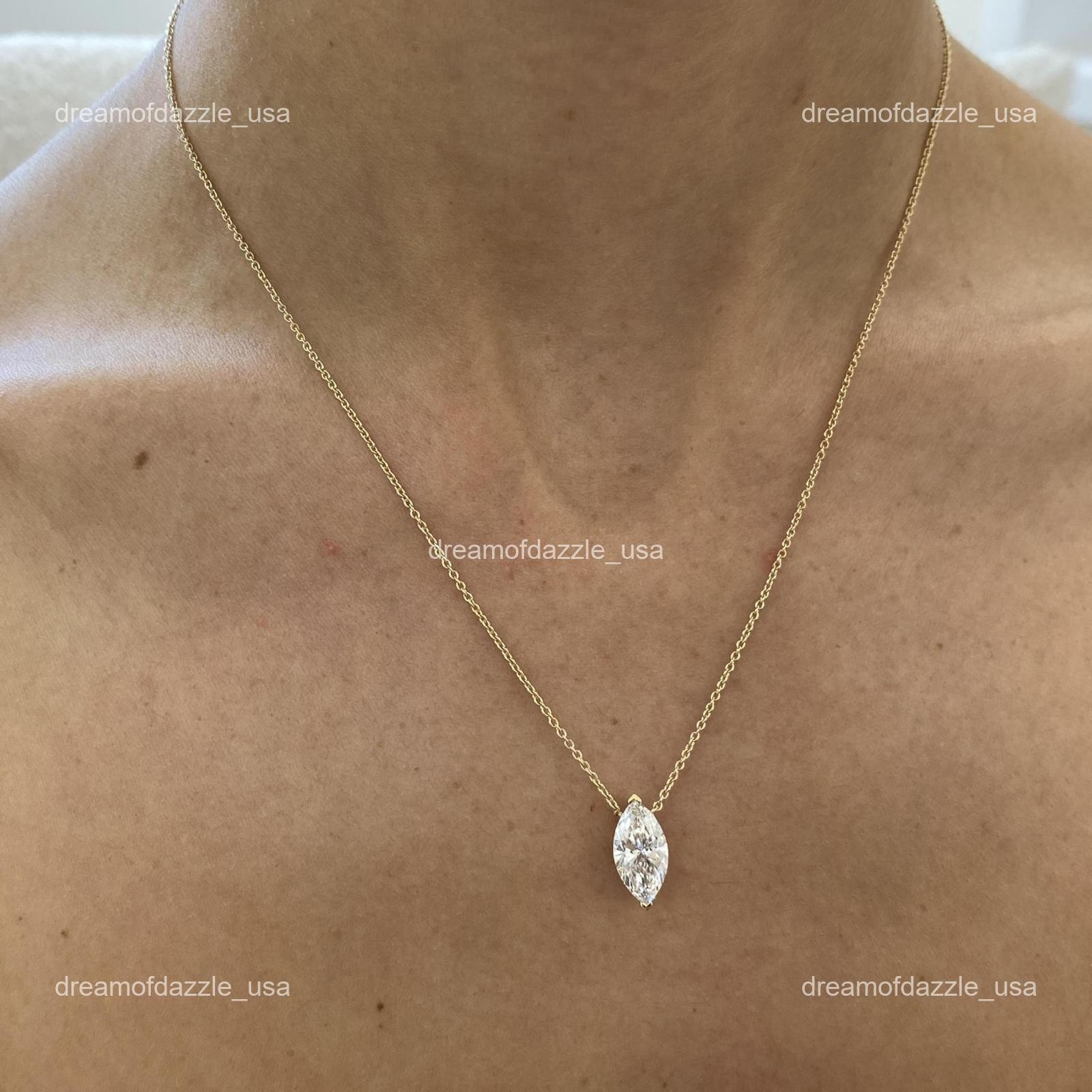 14K Solid Yellow Gold Marquise Lab Grown Diamond Birthday Chain Necklace Jewelry